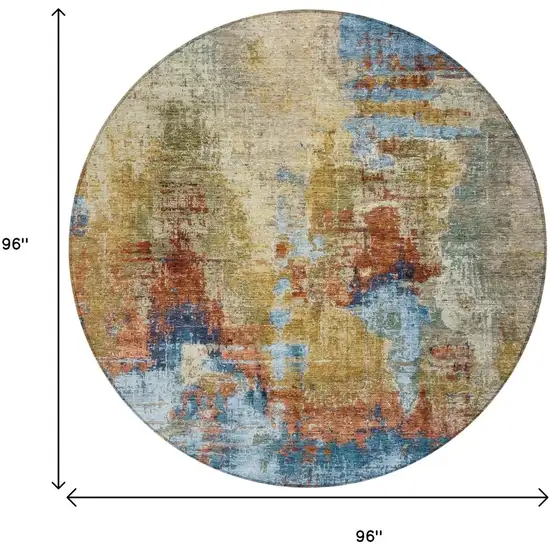 8' Beige Blue And Gold Round Abstract Washable Indoor Outdoor Area Rug Photo 3