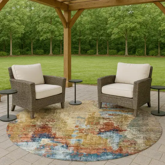 8' Beige Blue And Gold Round Abstract Washable Indoor Outdoor Area Rug Photo 8
