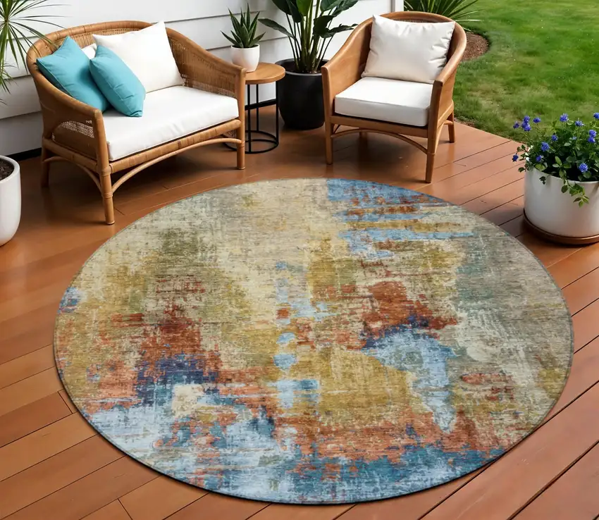 8' Beige Blue And Gold Round Abstract Washable Indoor Outdoor Area Rug Photo 1
