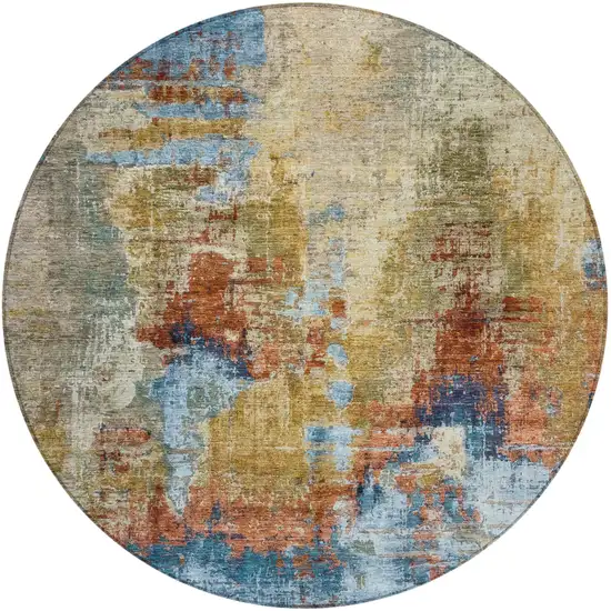 8' Beige Blue And Gold Round Abstract Washable Indoor Outdoor Area Rug Photo 4