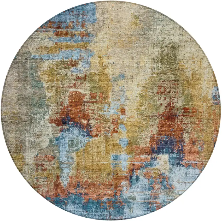 8' Beige Blue And Gold Round Abstract Washable Indoor Outdoor Area Rug Photo 4