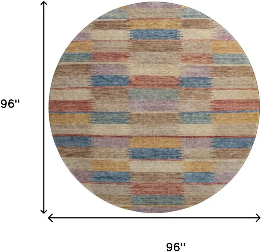 8' Beige Blue And Gold Striped Washable Round Rug With UV Protection Photo 9