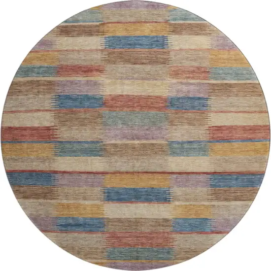 8' Beige Blue And Gold Striped Washable Round Rug With UV Protection Photo 1