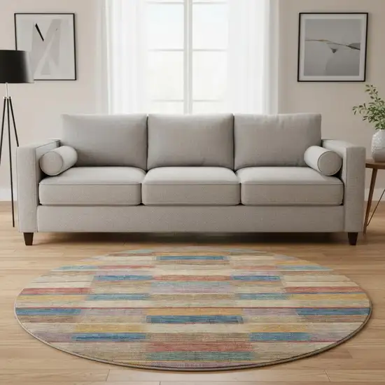 8' Beige Blue And Gold Striped Washable Round Rug With UV Protection Photo 2