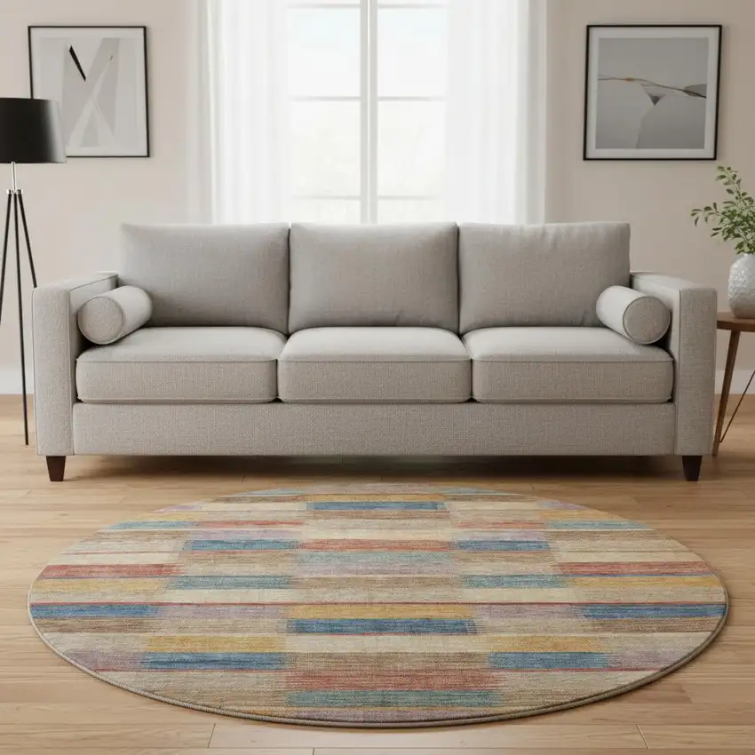 8' Beige Blue And Gold Striped Washable Round Rug With UV Protection Photo 2