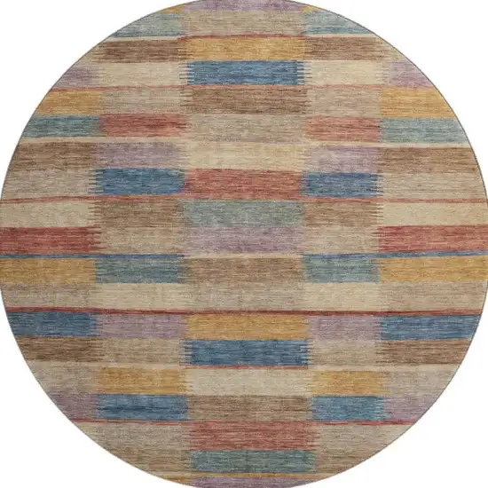8' Beige Blue And Gold Striped Washable Round Rug With UV Protection Photo 3