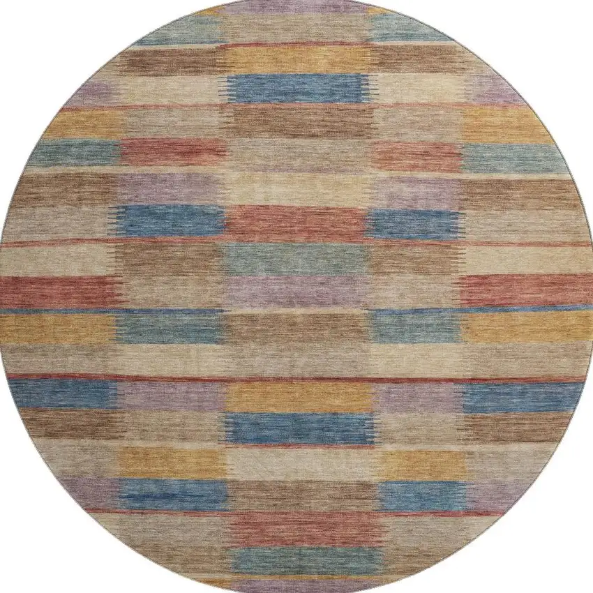 8' Beige Blue And Gold Striped Washable Round Rug With UV Protection Photo 3