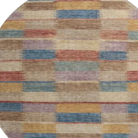 8' Beige Blue And Gold Striped Washable Round Rug With UV Protection Photo 2