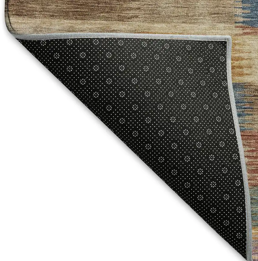 8' Beige Blue And Gold Striped Washable Round Rug With UV Protection Photo 5