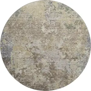 Photo of 8' Beige Blue And Gray Abstract Washable Round Rug With UV Protection