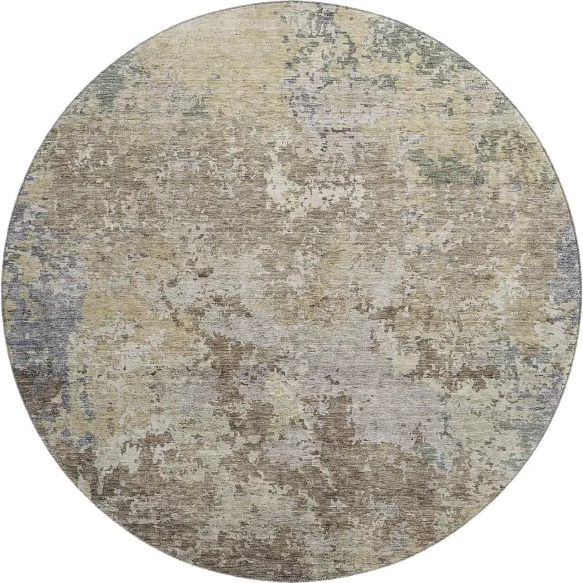 8' Beige Blue And Gray Abstract Washable Round Rug With UV Protection Photo 1