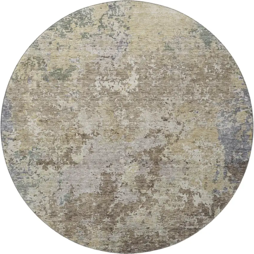 8' Beige Blue And Gray Abstract Washable Round Rug With UV Protection Photo 2