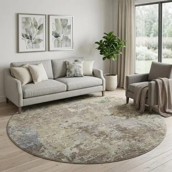 8' Beige Blue And Gray Abstract Washable Round Rug With UV Protection Photo 1