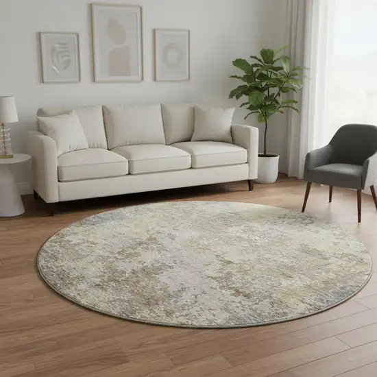 8' Beige Blue And Gray Abstract Washable Round Rug With UV Protection Photo 2