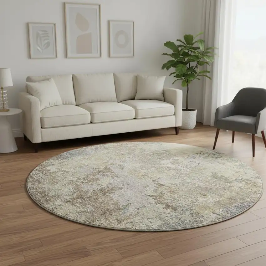 8' Beige Blue And Gray Abstract Washable Round Rug With UV Protection Photo 2