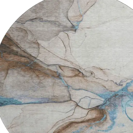 8' Beige Blue And Gray Abstract Washable Round Rug With UV Protection Photo 2