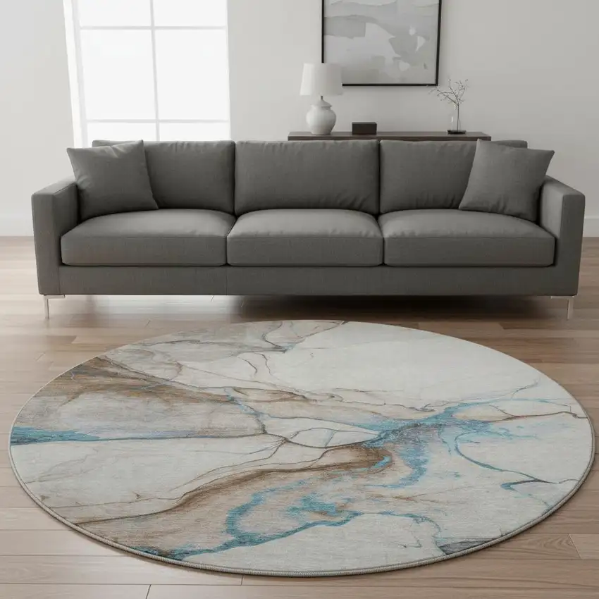 8' Beige Blue And Gray Abstract Washable Round Rug With UV Protection Photo 2
