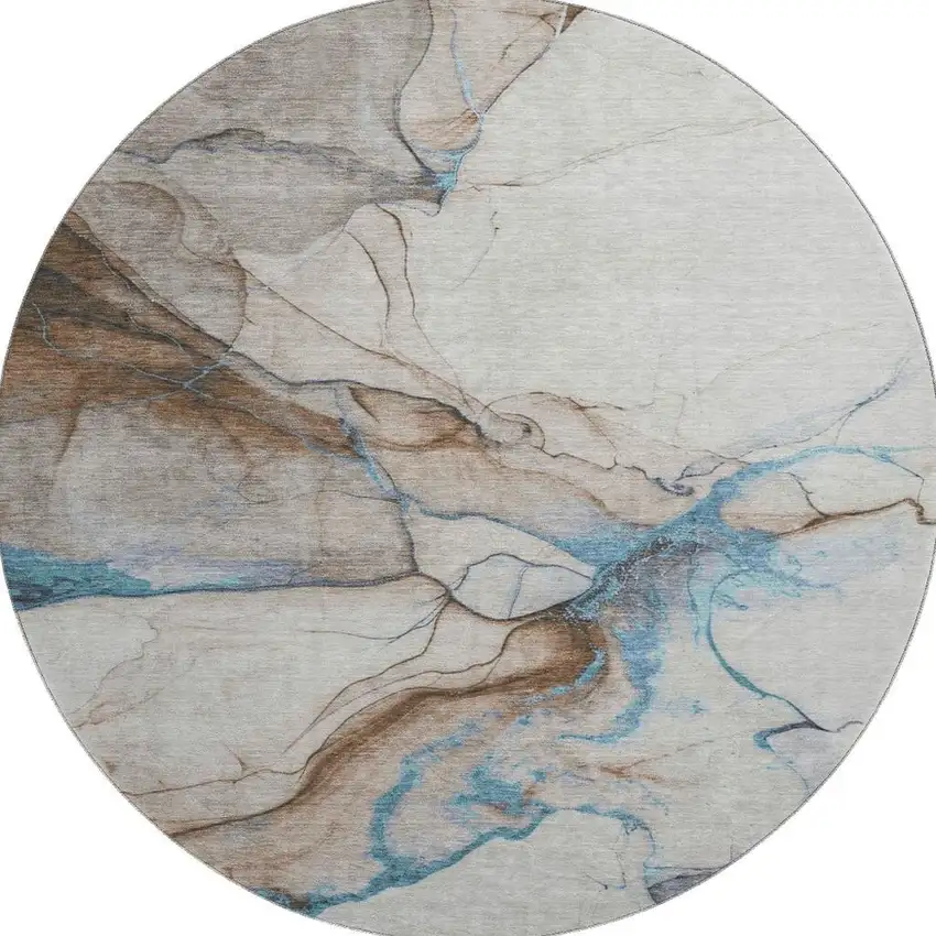 8' Beige Blue And Gray Abstract Washable Round Rug With UV Protection Photo 3