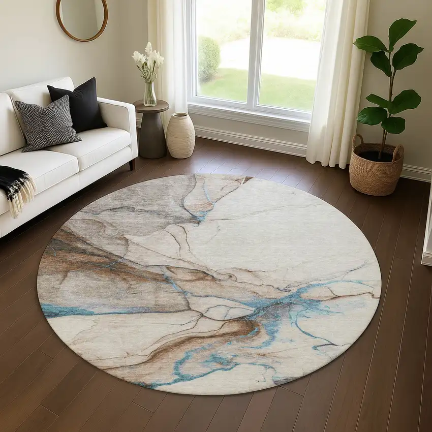 8' Beige Blue And Gray Abstract Washable Round Rug With UV Protection Photo 4