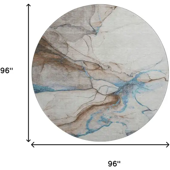 8' Beige Blue And Gray Abstract Washable Round Rug With UV Protection Photo 9