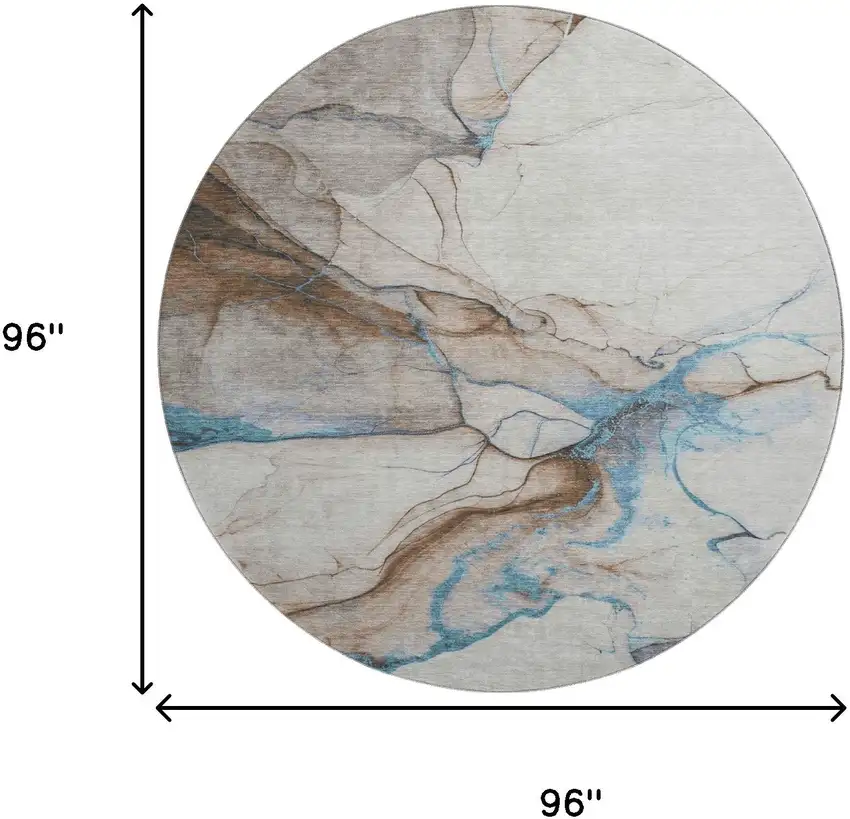 8' Beige Blue And Gray Abstract Washable Round Rug With UV Protection Photo 9