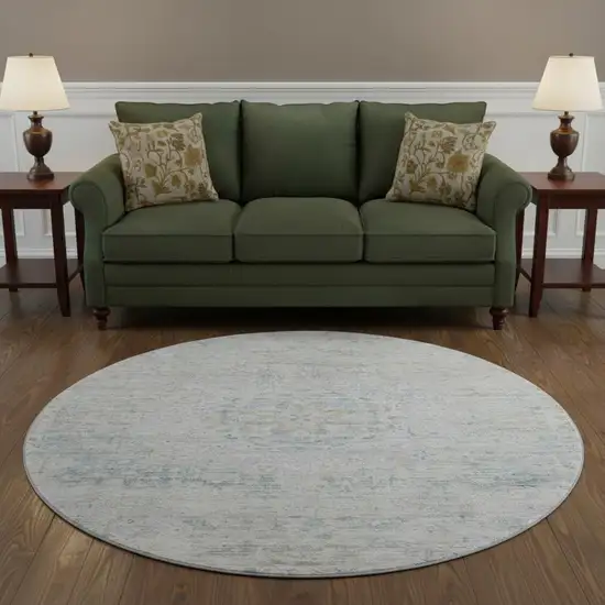 8' Beige Blue And Gray Floral Medallion Washable Round Rug With UV Protection Photo 2