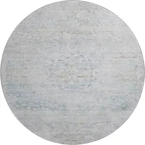 Photo of 8' Beige Blue And Gray Floral Medallion Washable Round Rug With UV Protection