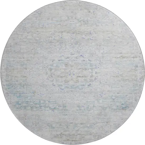 8' Beige Blue And Gray Floral Medallion Washable Round Rug With UV Protection Photo 1