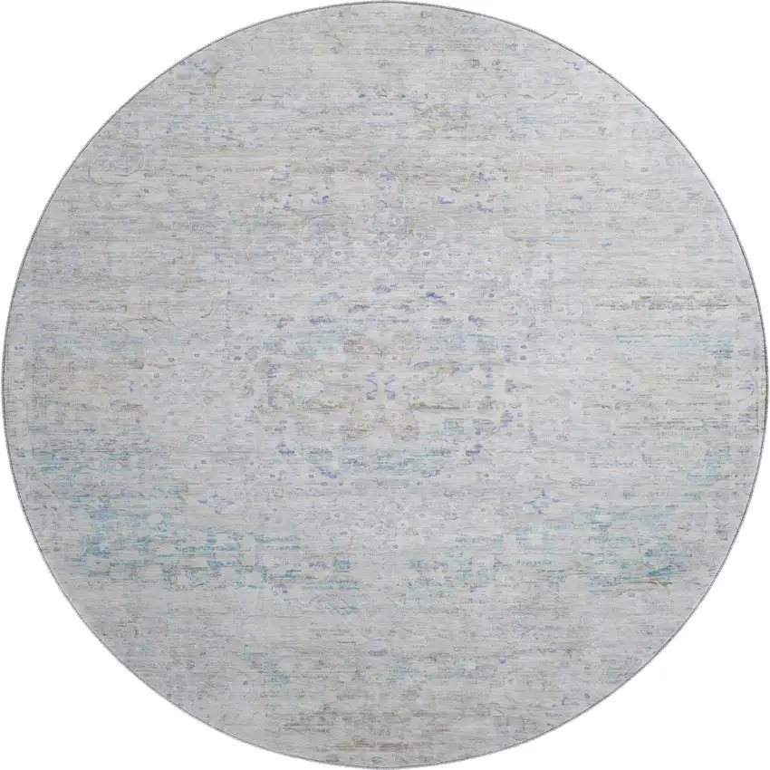 8' Beige Blue And Gray Floral Medallion Washable Round Rug With UV Protection Photo 1