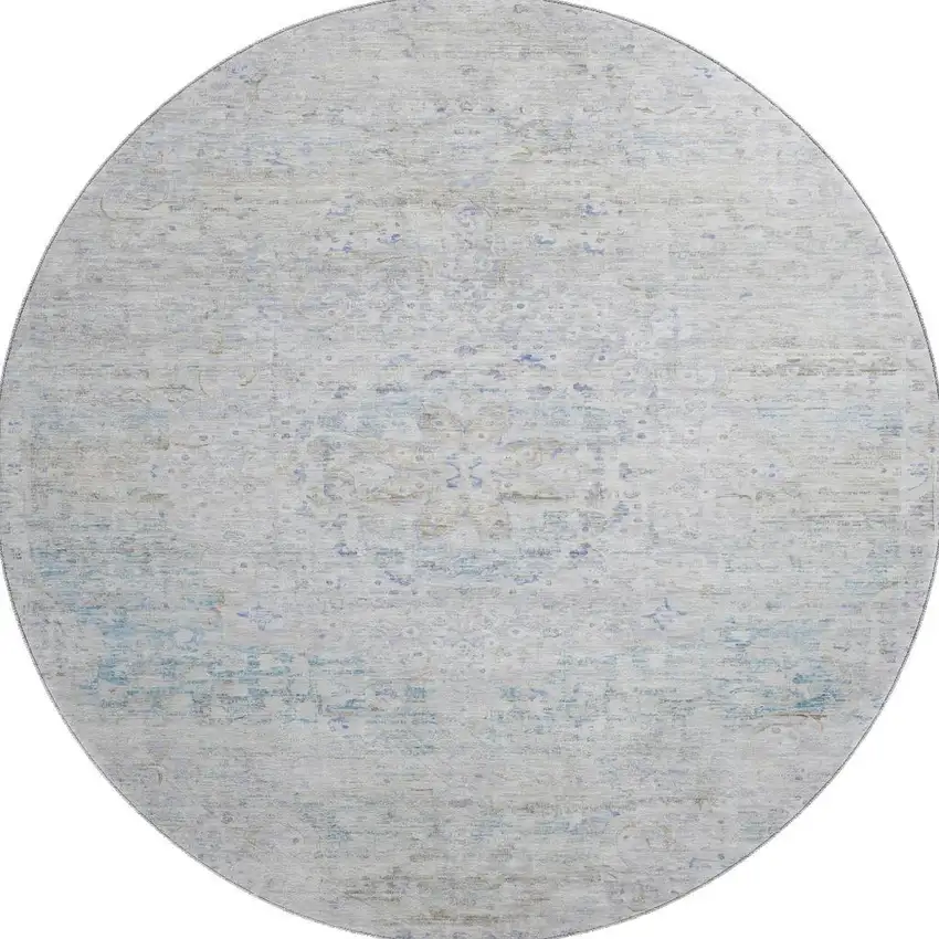8' Beige Blue And Gray Floral Medallion Washable Round Rug With UV Protection Photo 3