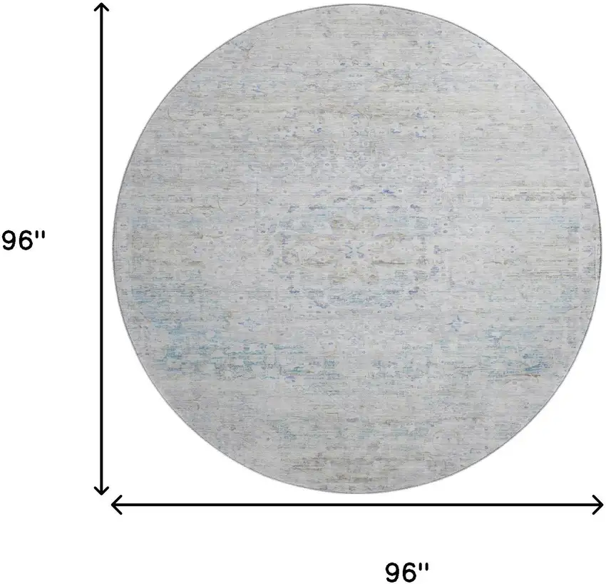 8' Beige Blue And Gray Floral Medallion Washable Round Rug With UV Protection Photo 9