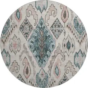 Photo of 8' Beige Blue And Gray Moroccan Washable Round Rug With UV Protection