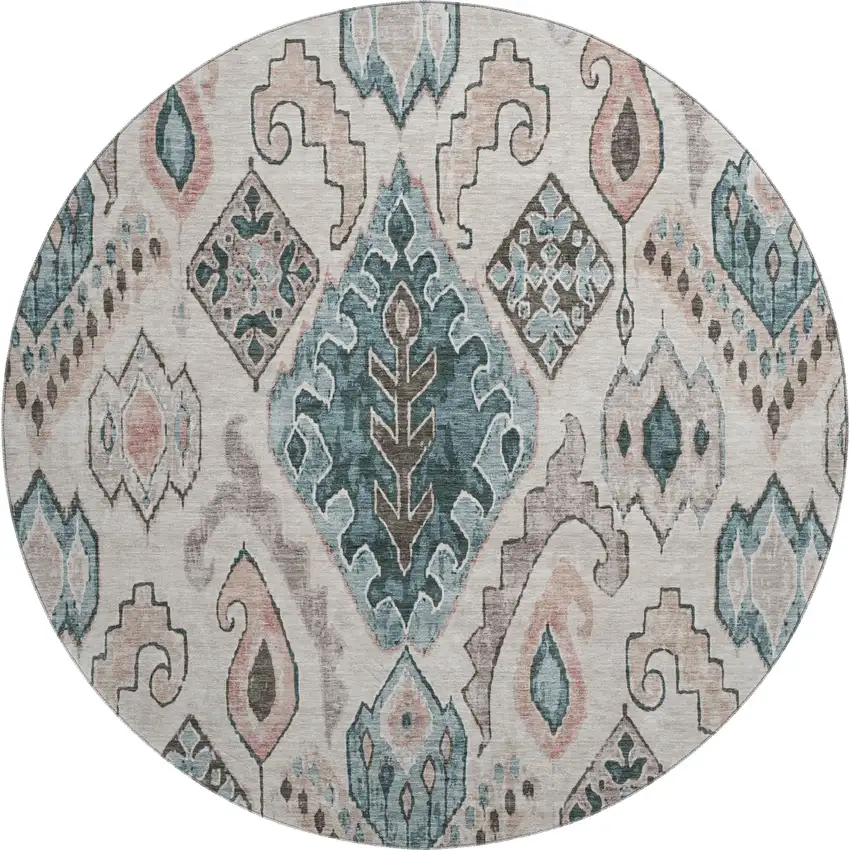 8' Beige Blue And Gray Moroccan Washable Round Rug With UV Protection Photo 1