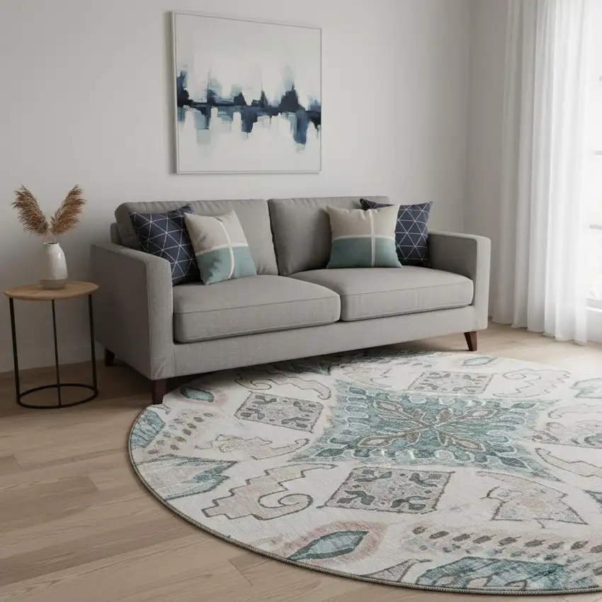 8' Beige Blue And Gray Moroccan Washable Round Rug With UV Protection Photo 2