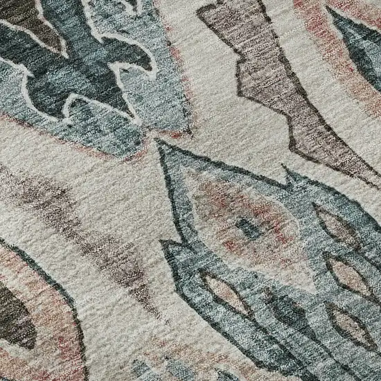 8' Beige Blue And Gray Moroccan Washable Round Rug With UV Protection Photo 9