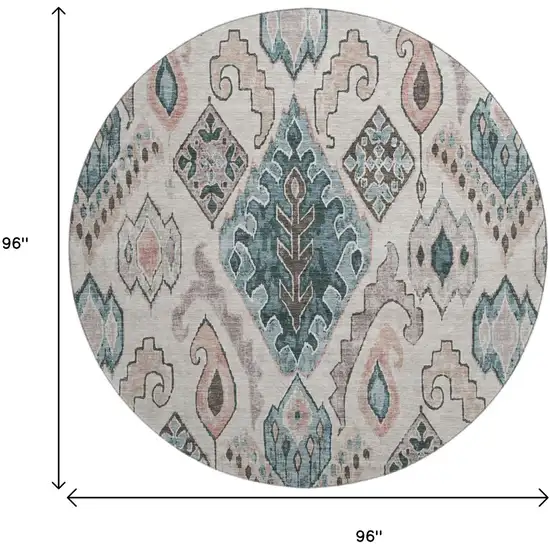 8' Beige Blue And Gray Moroccan Washable Round Rug With UV Protection Photo 3