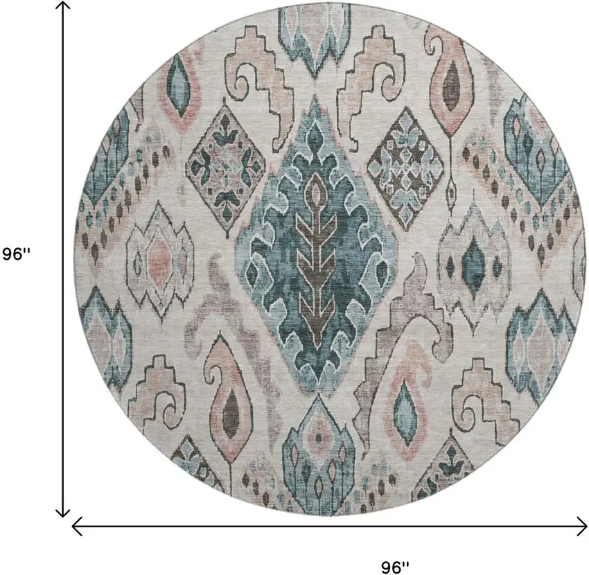 8' Beige Blue And Gray Moroccan Washable Round Rug With UV Protection Photo 3