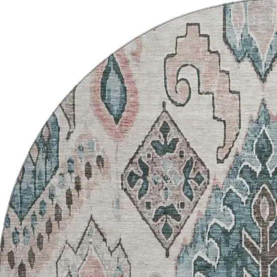 8' Beige Blue And Gray Moroccan Washable Round Rug With UV Protection Photo 4