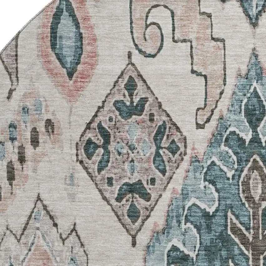 8' Beige Blue And Gray Moroccan Washable Round Rug With UV Protection Photo 3