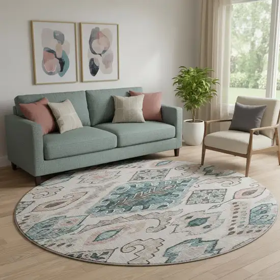 8' Beige Blue And Gray Moroccan Washable Round Rug With UV Protection Photo 1