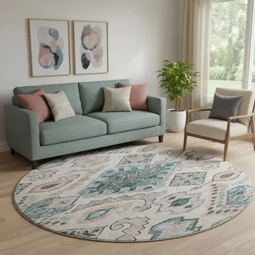 8' Beige Blue And Gray Moroccan Washable Round Rug With UV Protection Photo 1