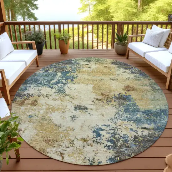 8' Beige Blue And Gray Round Abstract Washable Indoor Outdoor Area Rug Photo 4