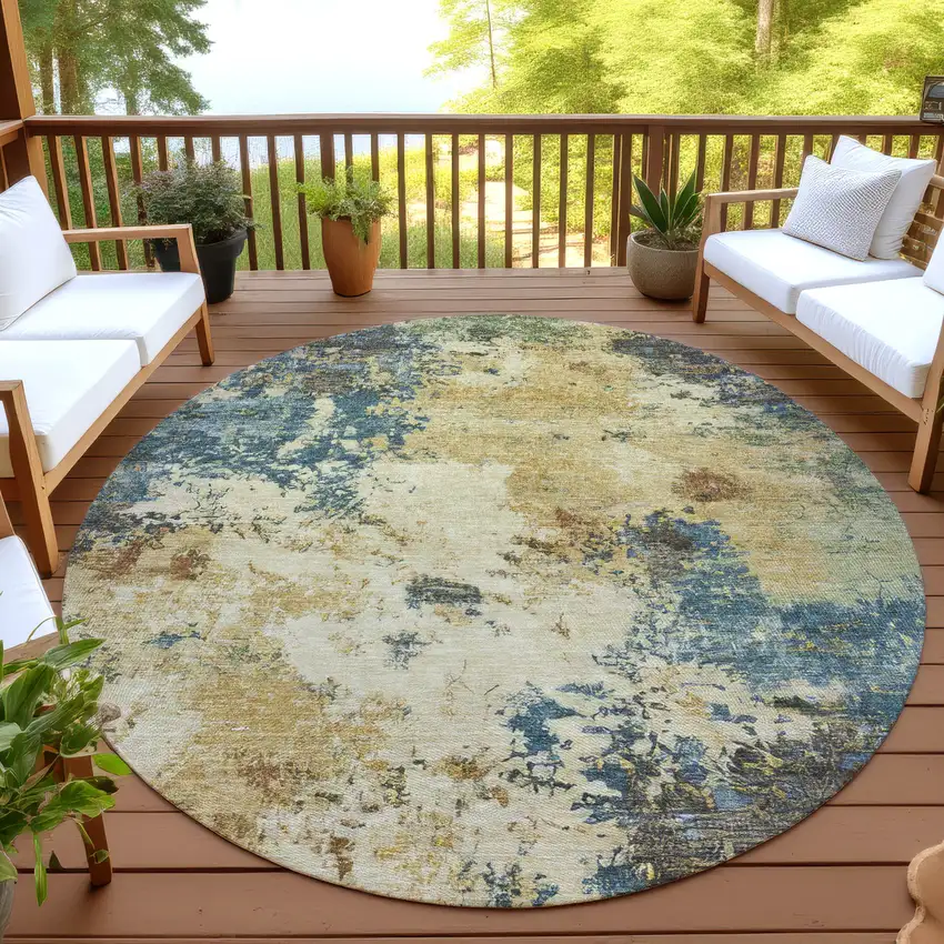 8' Beige Blue And Gray Round Abstract Washable Indoor Outdoor Area Rug Photo 4