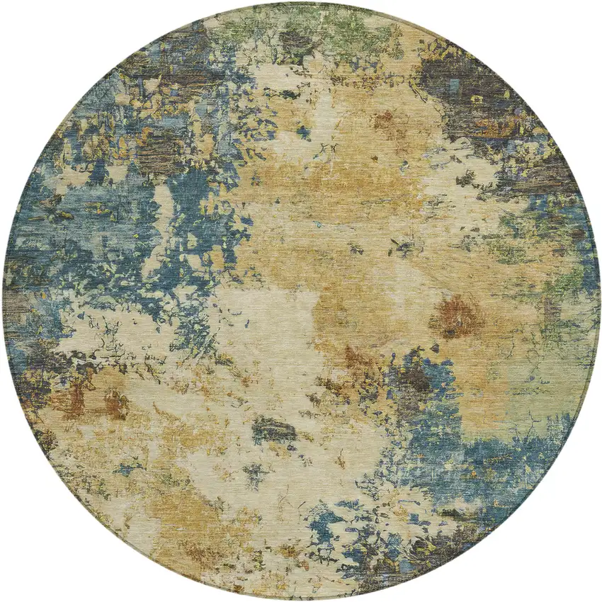 8' Beige Blue And Gray Round Abstract Washable Indoor Outdoor Area Rug Photo 1