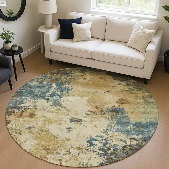 8' Beige Blue And Gray Round Abstract Washable Indoor Outdoor Area Rug Photo 5