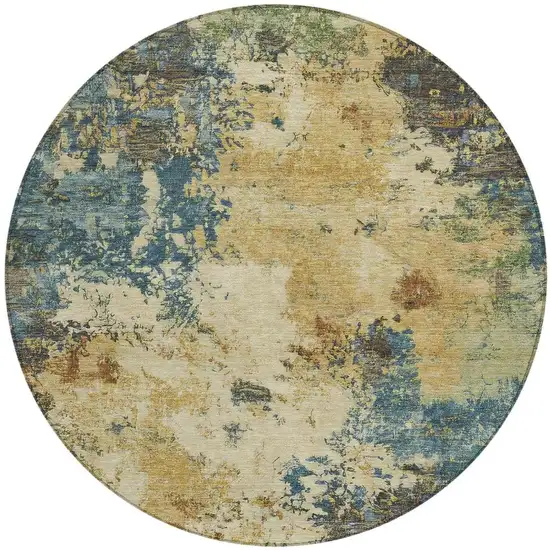 8' Beige Blue And Gray Round Abstract Washable Indoor Outdoor Area Rug Photo 3