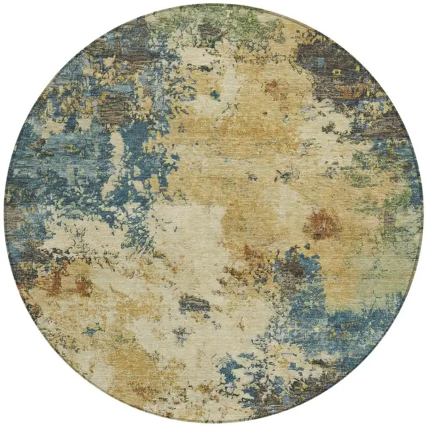 8' Beige Blue And Gray Round Abstract Washable Indoor Outdoor Area Rug Photo 3