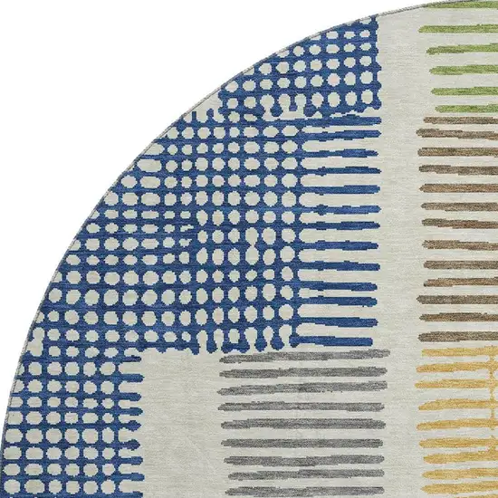 8' Beige Blue And Green Geometric Washable Round Rug With UV Protection Photo 4