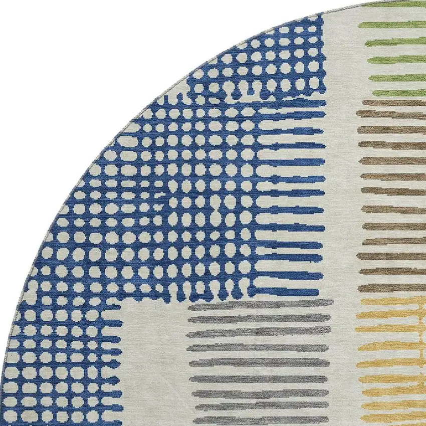 8' Beige Blue And Green Geometric Washable Round Rug With UV Protection Photo 4