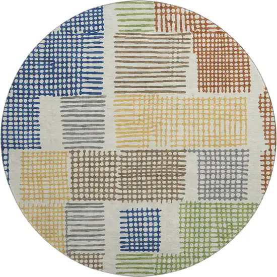 8' Beige Blue And Green Geometric Washable Round Rug With UV Protection Photo 1